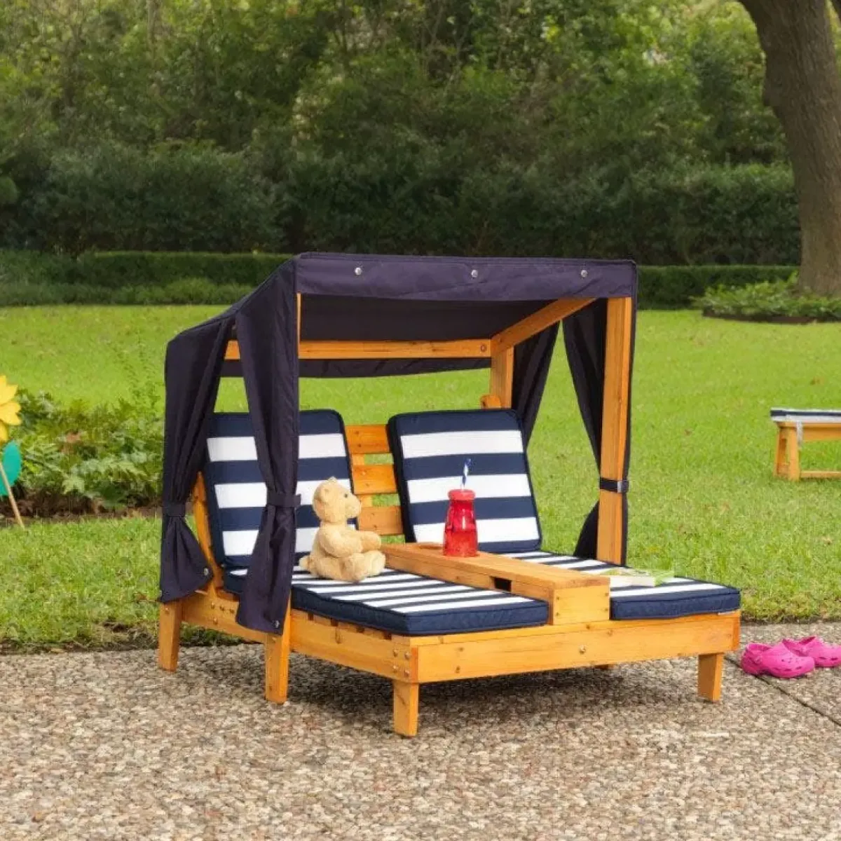 Outdoor Kids' Chairs^KidKraft Double Chaise Lounge With Cup Holders - Honey & Navy