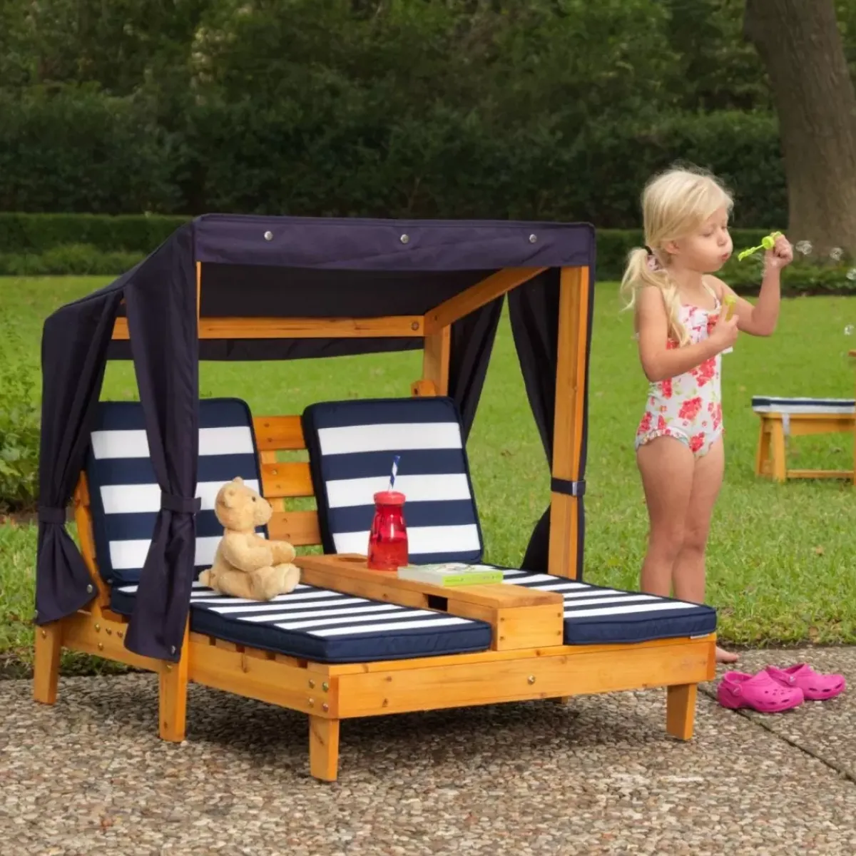Outdoor Kids' Chairs^KidKraft Double Chaise Lounge With Cup Holders - Honey & Navy