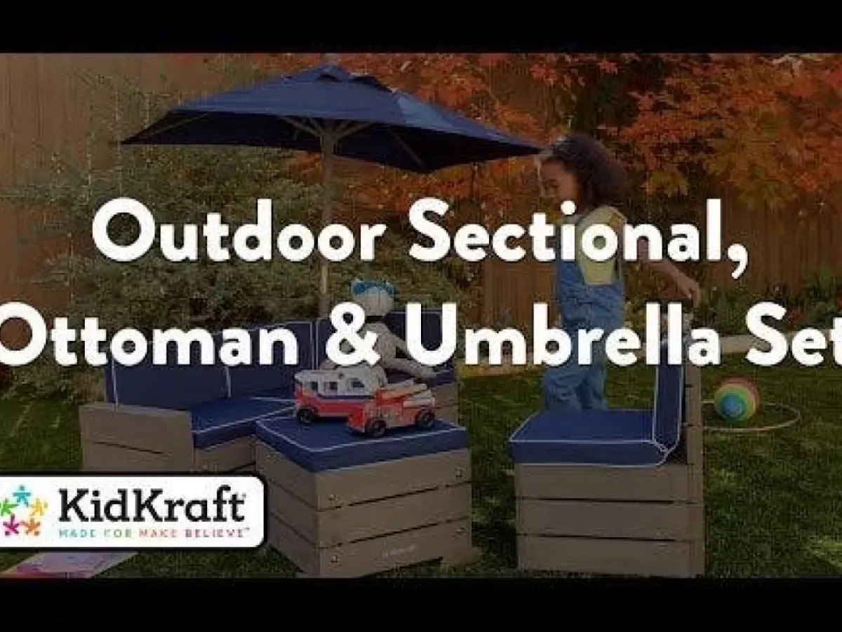 Outdoor Kids' Chairs^KidKraft Outdoor Sectional, Ottoman & Umbrella Set - Barnwood Gray & Navy