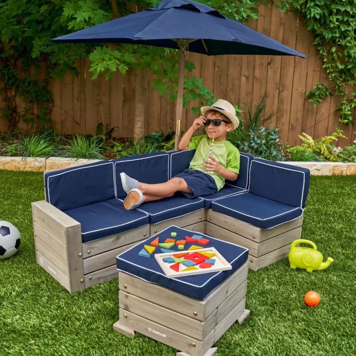 Outdoor Kids' Chairs^KidKraft Outdoor Sectional, Ottoman & Umbrella Set - Barnwood Gray & Navy