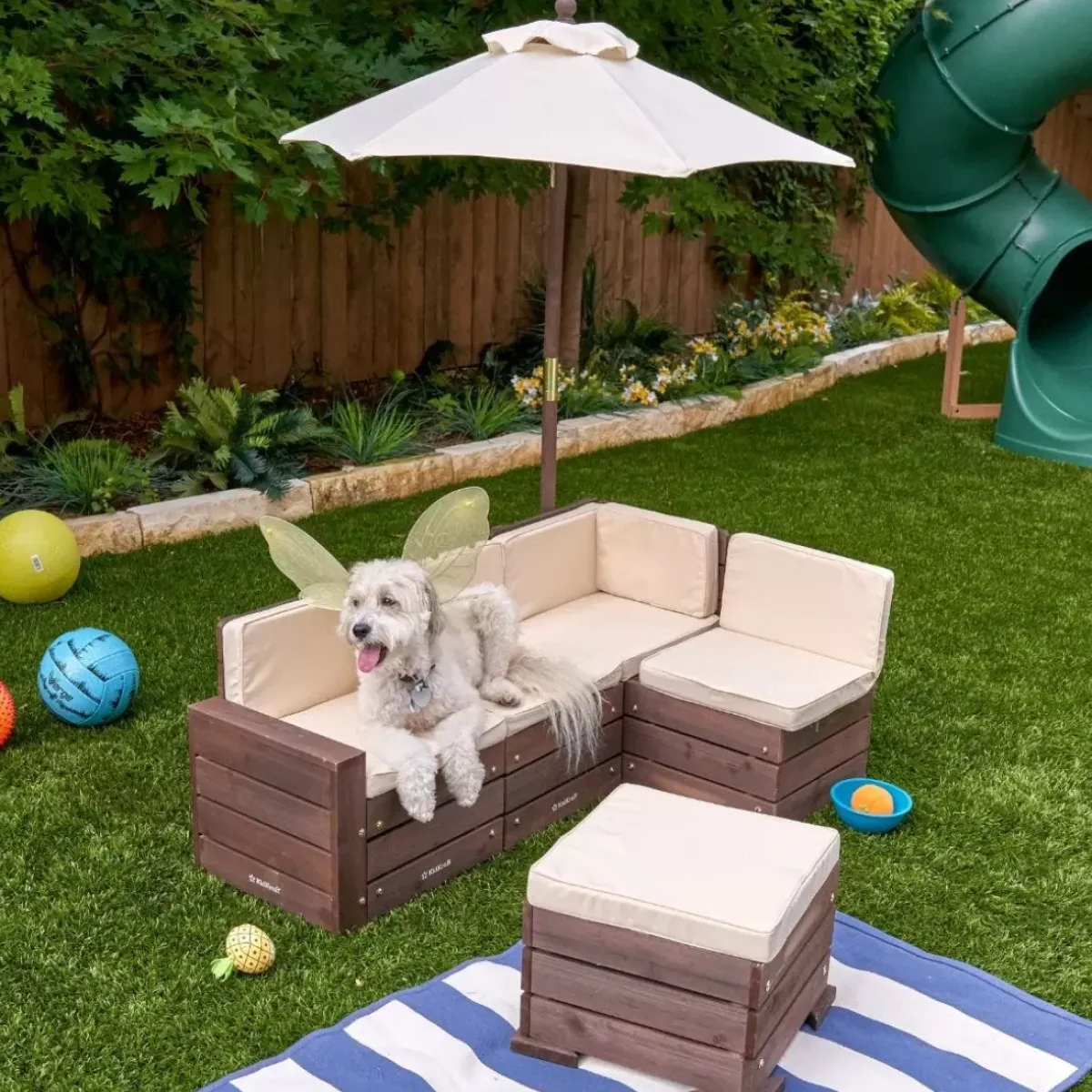 Outdoor Kids' Chairs^KidKraft Outdoor Sectional Ottoman & Umbrella Set- Bear Brown & Beige