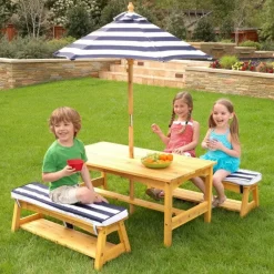 Kids' Picnic Tables^KidKraft Outdoor Table & Bench Set With Cushions & Umbrella - Navy & White Stripes