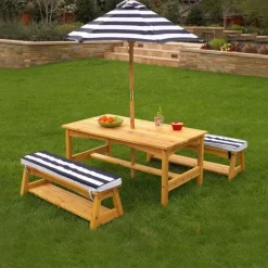 Kids' Picnic Tables^KidKraft Outdoor Table & Bench Set With Cushions & Umbrella - Navy & White Stripes