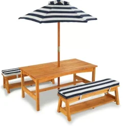 Kids' Picnic Tables^KidKraft Outdoor Table & Bench Set With Cushions & Umbrella - Navy & White Stripes