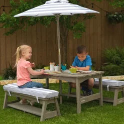 Kids' Picnic Tables^KidKraft Outdoor Table & Bench Set With Cushions & Umbrella - Gray & White Stripes