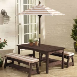 Kids' Picnic Tables^KidKraft Outdoor Table & Bench Set With Cushions & Umbrella - Oatmeal & White Stripes