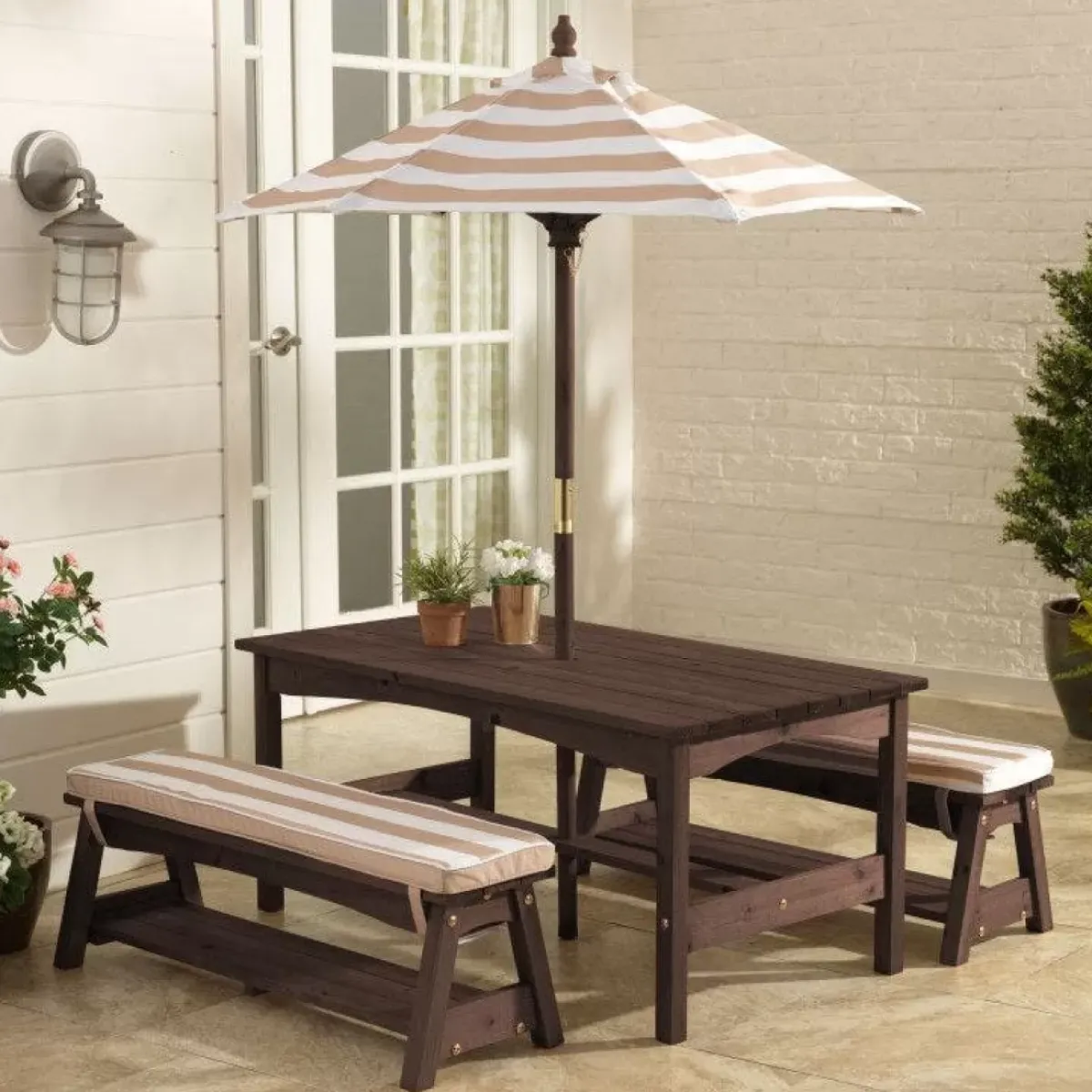 Kids' Picnic Tables^KidKraft Outdoor Table & Bench Set With Cushions & Umbrella - Oatmeal & White Stripes