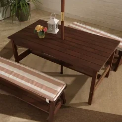 Kids' Picnic Tables^KidKraft Outdoor Table & Bench Set With Cushions & Umbrella - Oatmeal & White Stripes