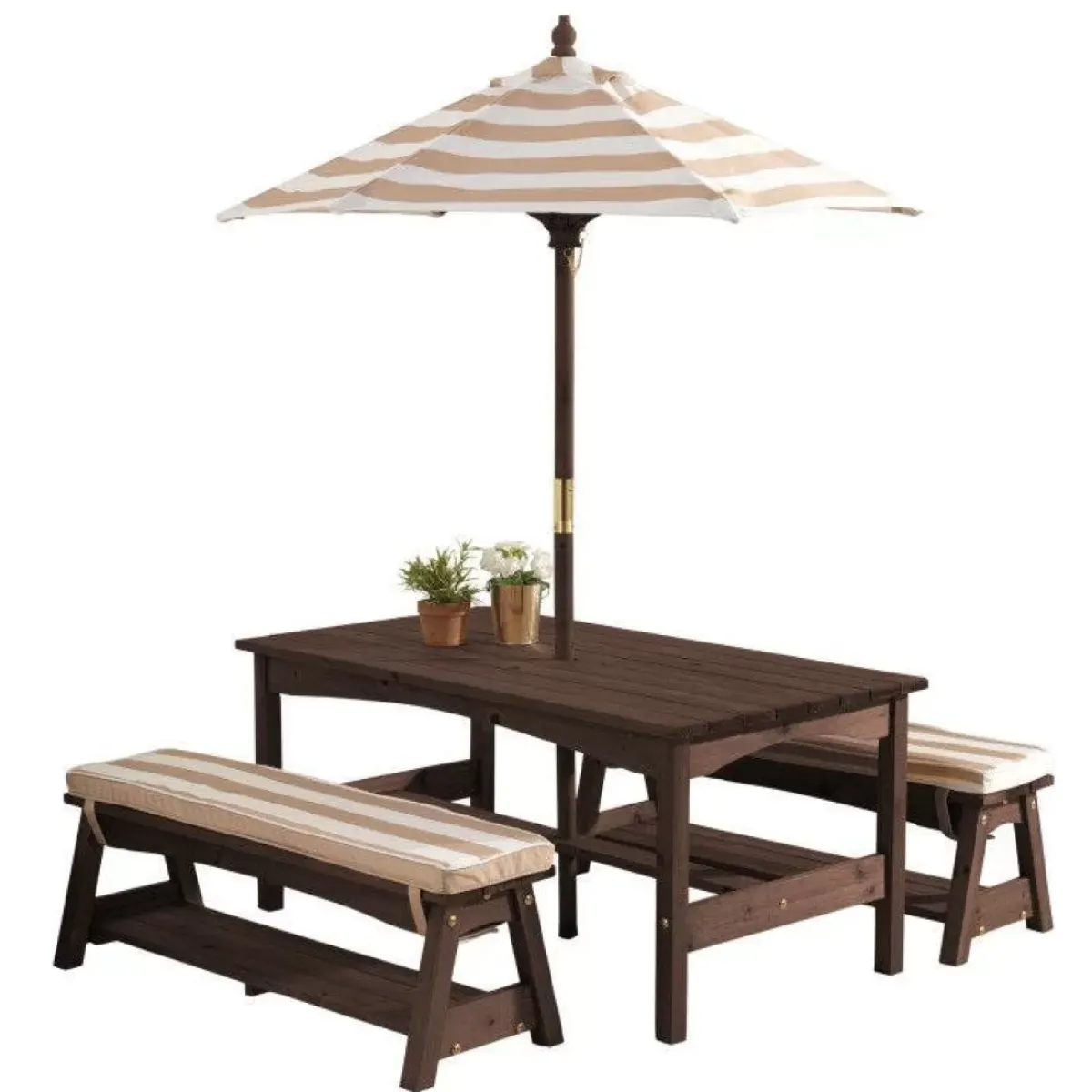 Kids' Picnic Tables^KidKraft Outdoor Table & Bench Set With Cushions & Umbrella - Oatmeal & White Stripes