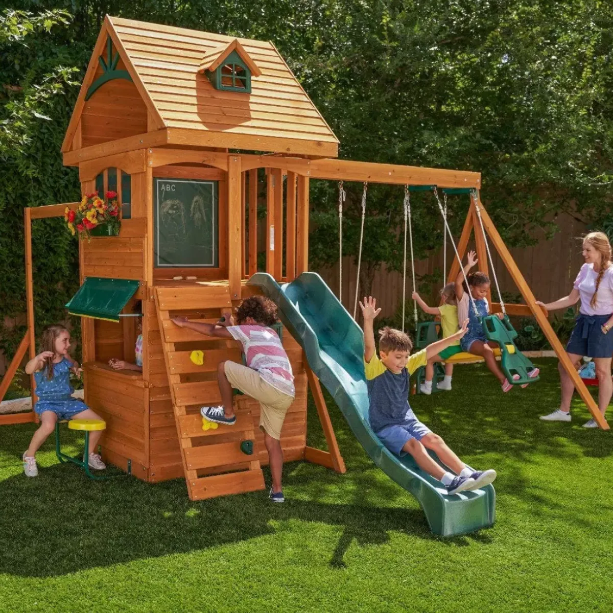Swing Sets^KidKraft Ridgeview Deluxe Clubhouse Wooden Swing Set / Playset
