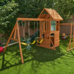 Swing Sets^KidKraft Ridgeview Deluxe Clubhouse Wooden Swing Set / Playset