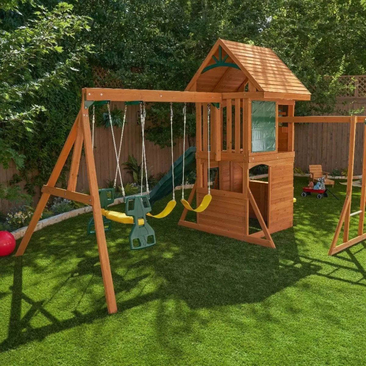 Swing Sets^KidKraft Ridgeview Deluxe Clubhouse Wooden Swing Set / Playset