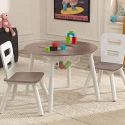 Bedroom^KidKraft Round Storage Table & 2 Chair Set - Gray Ash