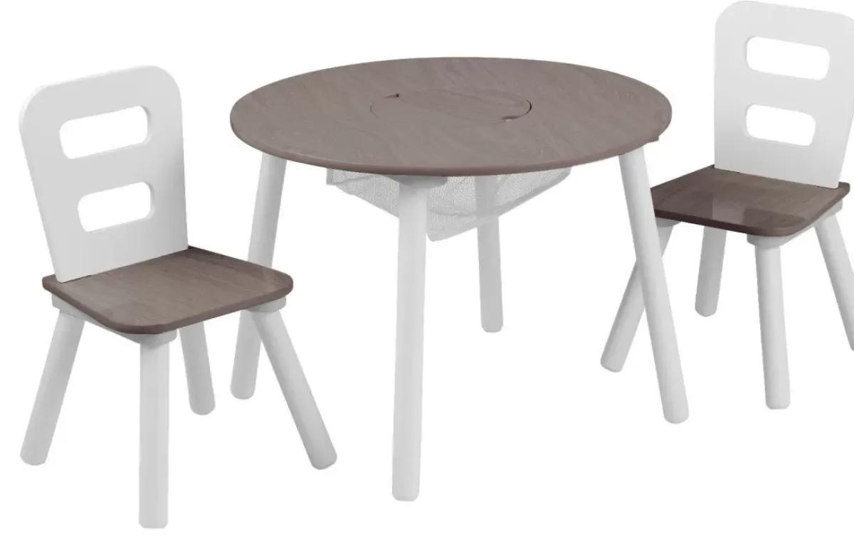 Bedroom^KidKraft Round Storage Table & 2 Chair Set - Gray Ash