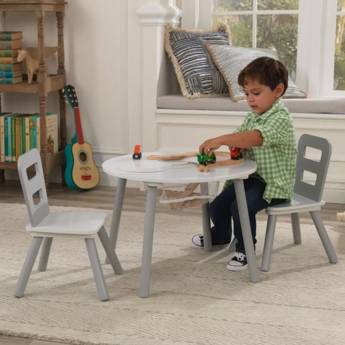 Bedroom^KidKraft Round Storage Table & 2 Chair Set - Gray & White