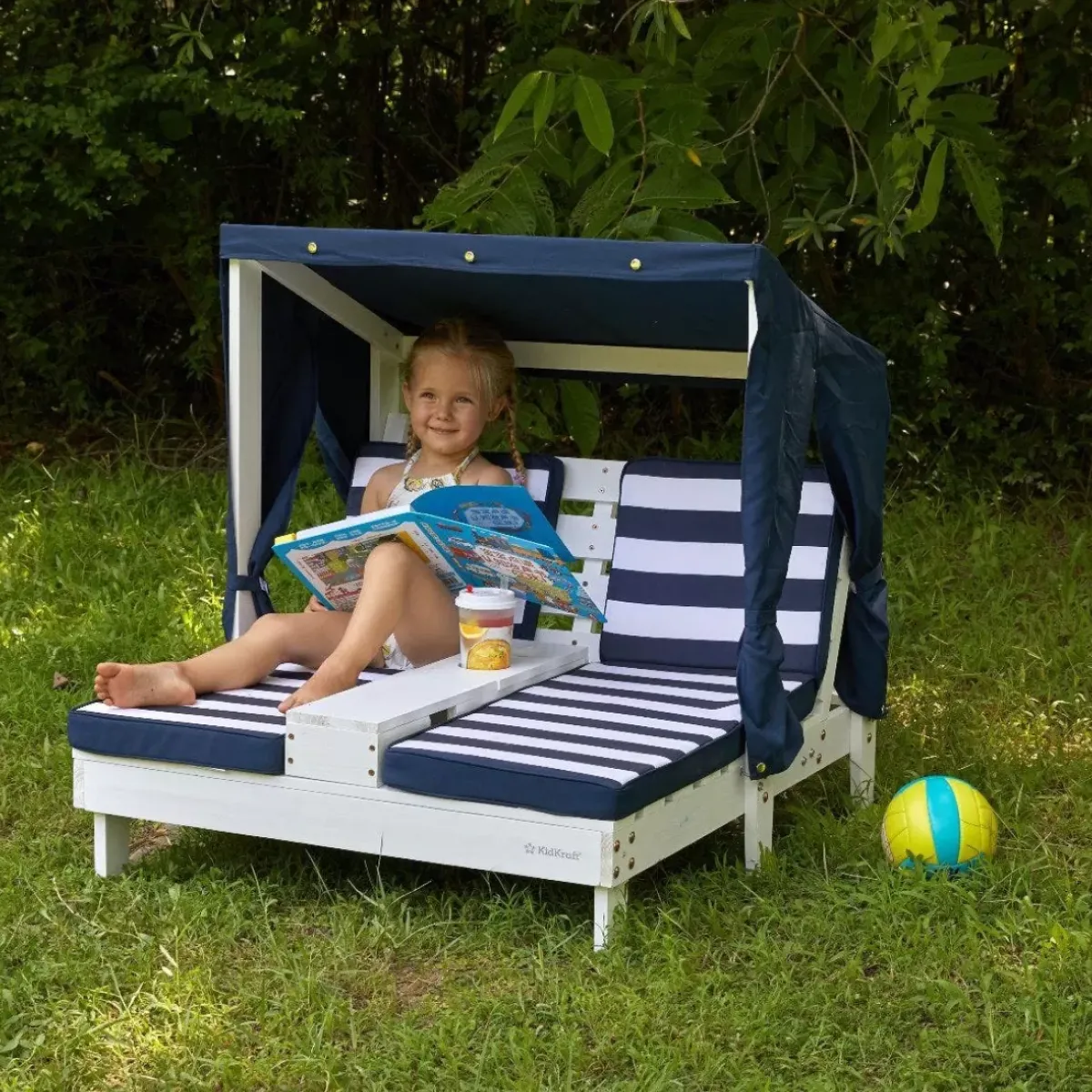 Outdoor Kids' Chairs^KidKraft White Double Chaise Lounge With Cup Holders – Navy & White Stripes