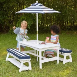 Kids' Picnic Tables^KidKraft White Outdoor Table & Bench Set With Cushions & Umbrella – Navy & White Stripes