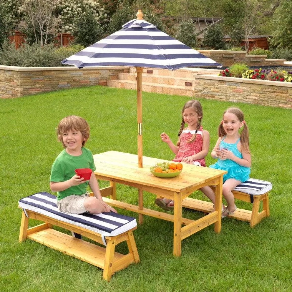 Flash Sale KidKraft Outdoor Table & Bench Set With Cushions & Umbrella - Navy & White Stripes