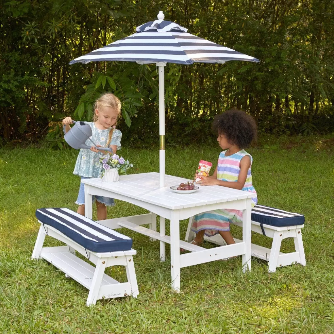 New KidKraft White Outdoor Table & Bench Set With Cushions & Umbrella – Navy & White Stripes